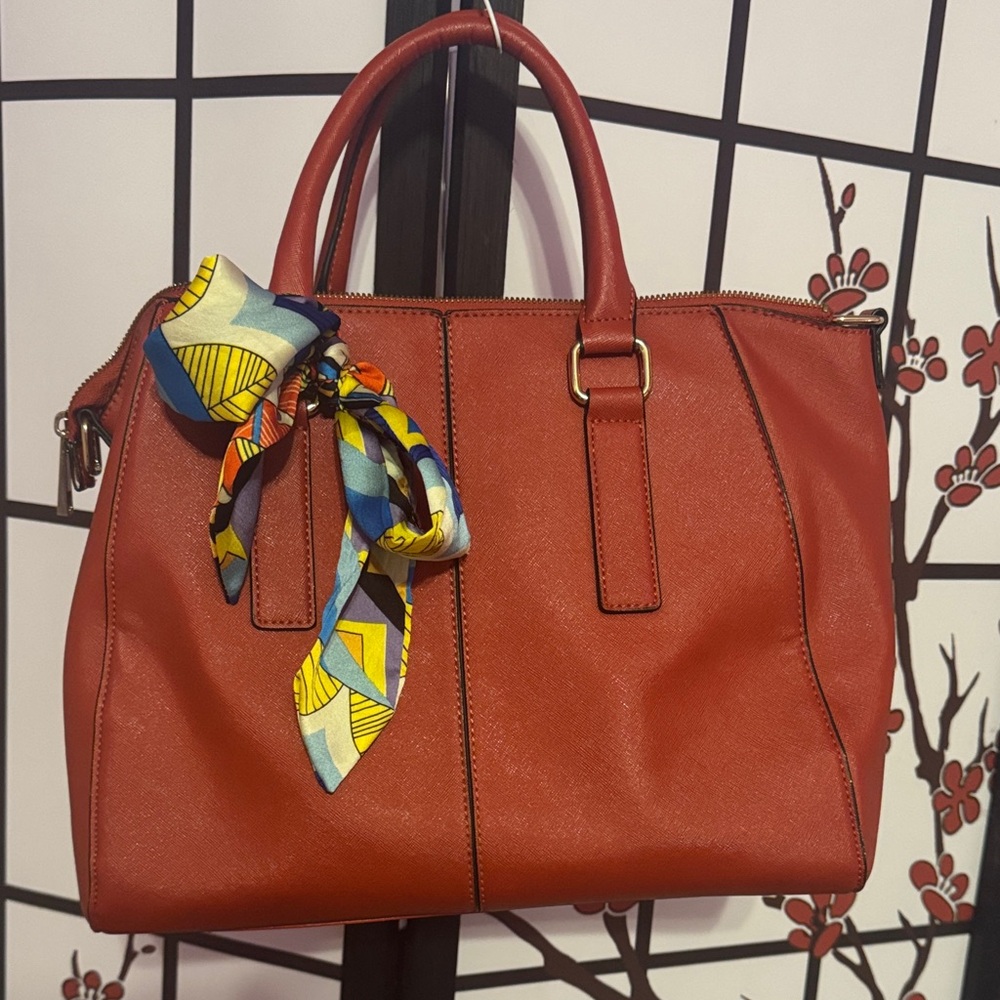 Aldo Red Satchel with Colorful Scarf red inside very clean never used. 16”x9”x7”